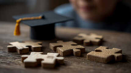 Wooden puzzle pieces and a student wearing a graduation hat on a table, representing a learning or education concept for special needs children
