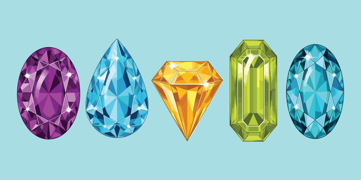 Colorful gemstones vector, sparkling gems, jewel shapes, emerald cut, diamond illustration, crystal stones, vibrant colors, flat design, cartoon style