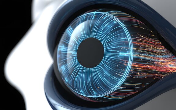 Futuristic robotic eye with glowing data streams for AI, technology, and digital innovation projects - a captivating glimpse into artificial intelligence