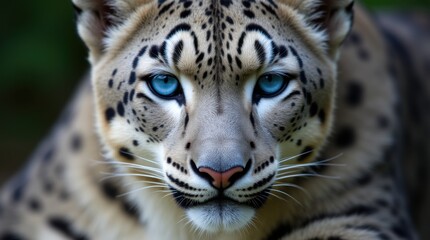 Fototapeta premium Close up portrait of snow leopard with blue eyes looking at camera 