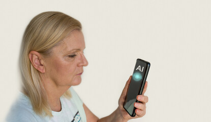 Senior woman is struggling with an AI technology