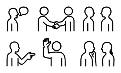 Black and white stick figures expressing communication and interaction concepts
