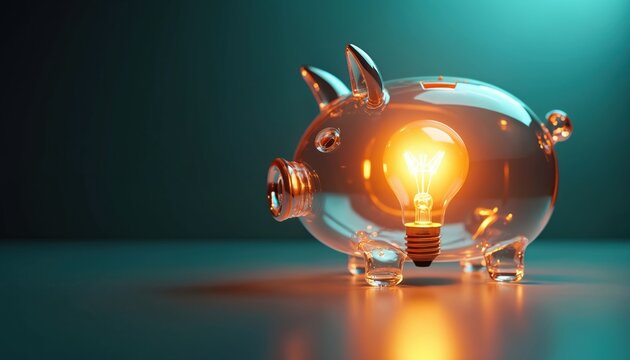 Transparent glass piggy bank with a bright light bulb inside. Concept illustration for saving money or eco friendly energy use. Green background. - Powered by Adobe