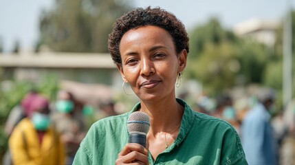 Fototapeta premium Woman speaking at outdoor event.