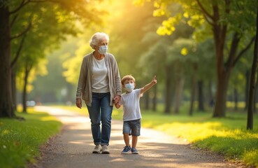 Obraz premium Grandmother and grandson walk hand in hand on a park path. Both wear face masks for protection against viruses. Sunlight streams through trees creating a warm, hopeful atmosphere.