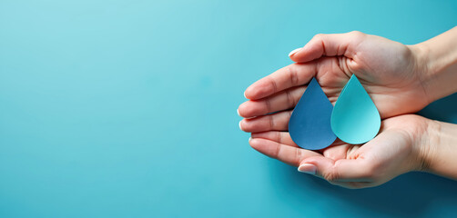 Woman hands hold paper cut water drops on blue background. Concept clean water sanitation saving water for World Water Day. Eco environmental protection concept.