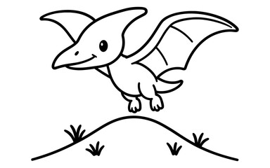 Fototapeta premium Cute cartoon pterodactyl flying over hill in black and white drawing