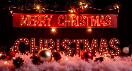 Merry Christmas greeting in red with lights on with a dark background and Christmas decoration lights on