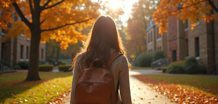 Young woman with backpack walks down path on college campus in autumn. Golden sun shines through fall foliage trees. Brick buildings line walkway. Back view. - Powered by Adobe