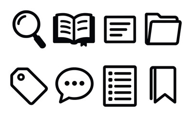 Set of eight dark-themed icons for search, reading, and organization