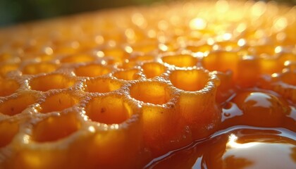 Detailed macro view of golden honeycomb with flowing sweet honey. Natural shine, texture. Perfect hexagonal cells filled with honey. Wealth, health, hard work by bees honeycombs filled with golden