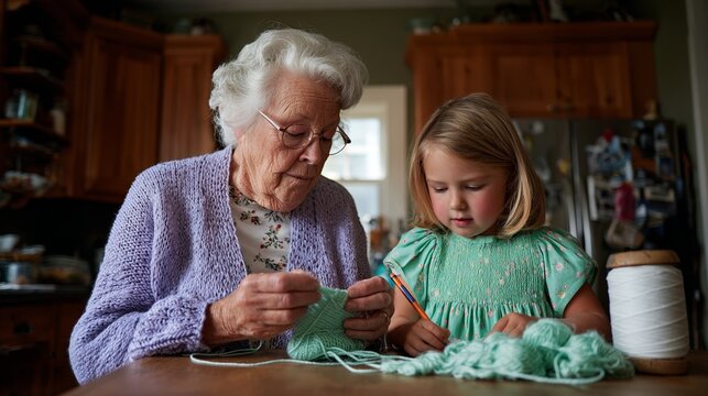 Older woman and young girl knitting together at kitchen table.