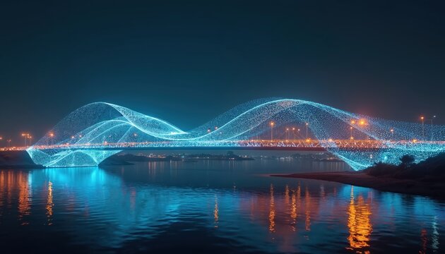 Futuristic bridge with digital glowing structure over water at dusk. Connects city banks with modern tech solutions. Reflections glow in water. Urban landscape illuminated with bright orange light at
