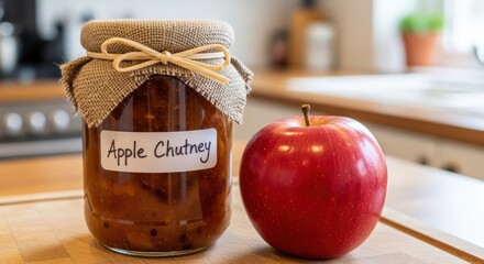 A homemade jar of apple chutney sits next to a fresh red apple on a wooden kitchen counter, ready to be enjoyed.