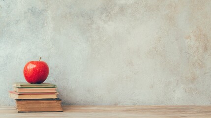 Red apple resting on a stack of old books in a rustic setting