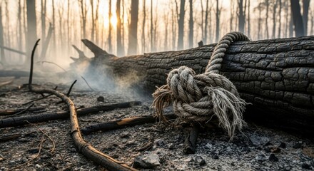 Close up of rope and burnt tree log in a smoky forest at sunset