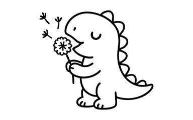 Fototapeta premium Cute dinosaur enjoying dandelion in simple black and white line art