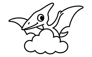 Cute pterodactyl outline soaring above clouds in fun cartoon style