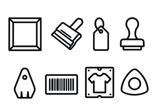 Minimalist icon set: frame, brush, tag, stamp, shirt, iron, tag, barcode