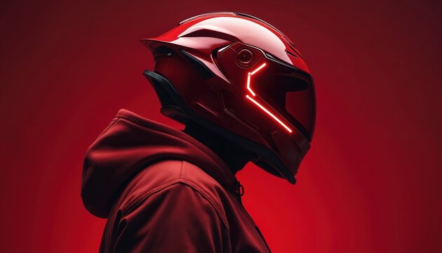 Red motorcycle helmet glows with neon light. A person wears helmet with hoodie against solid red backdrop. Gear for riding and racing sports. Modern biker safety.