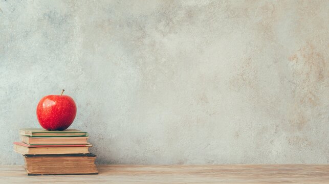 Red apple resting on a stack of old books in a rustic setting