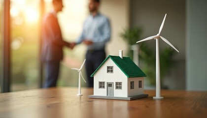 Model house with wind turbines sits on wooden table. Two businessmen shake hands in background, symbolizing green energy deal. Partnership for renewable power.