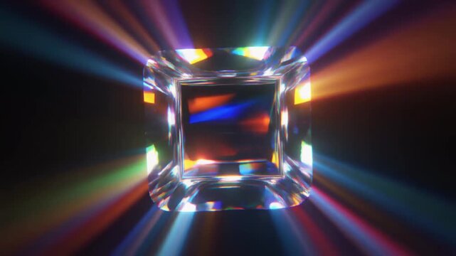 Radiant Square Cut Diamond Emitting Rainbow Light Rays on a Dark Background (223