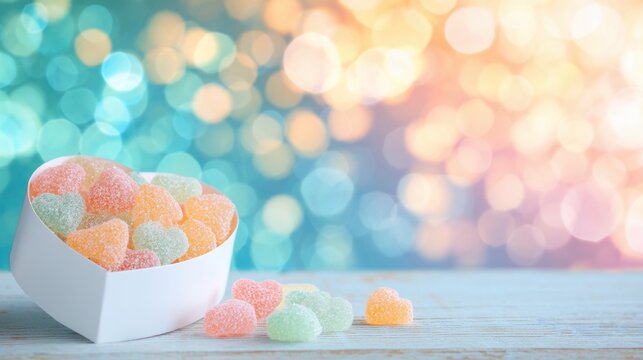 Colorful gummy heart candies in a white heart-shaped box on a wooden table