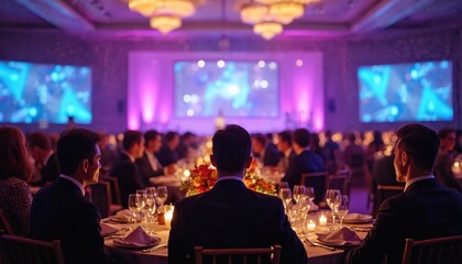 Fototapeta na wymiar People at a formal dinner event in a banquet hall. Guests sit at tables set for a meal. A large screen displays graphics. Elegant lighting sets a sophisticated mood.