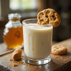 Glass of milk with chocolate chip cookies on the side