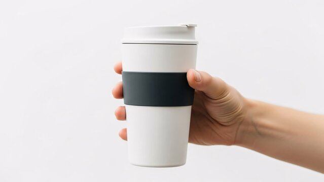 Hand holding white reusable coffee cup with gray sleeve on white background