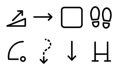 Vector navigation icons: arrows footprints circular paths and exit signs