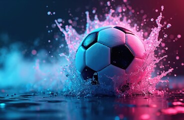 Soccer ball splashes vibrant neon liquid water. Dynamic sport action frozen mid-air, with bright blue and pink glowing hues. Energetic wet motion.