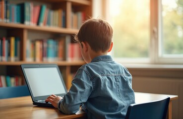 Schoolboy sits at desk with laptop in library from back view. Pupil studies online homework on computer. Young student learns using tech for remote education. Child typing on notebook keyboard for