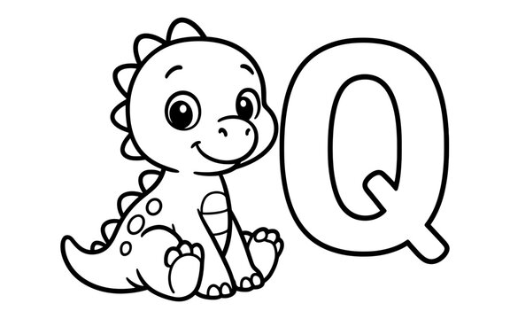 Cute dinosaur with letter q in black and white for children's coloring pages