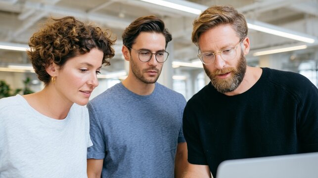 Three people in an office setting, engaged in a discussion or meeting around a laptop.