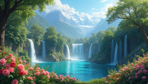 Idyllic mountain landscape with waterfalls flowing into tranquil turquoise lake. Rich green forest covers cliffs below snowy peaks. Beautiful pink roses blossom in paradise garden, serene escape to
