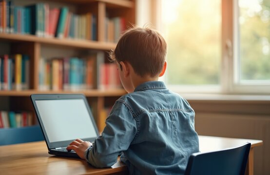 Schoolboy sits at desk with laptop in library from back view. Pupil studies online homework on computer. Young student learns using tech for remote education. Child typing on notebook keyboard for