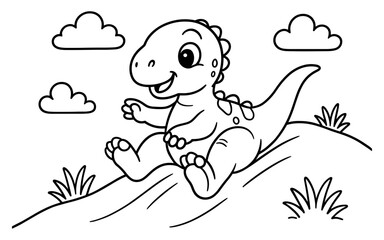 Cute dinosaur coloring page for kids: playful cartoon style with clouds and landscape