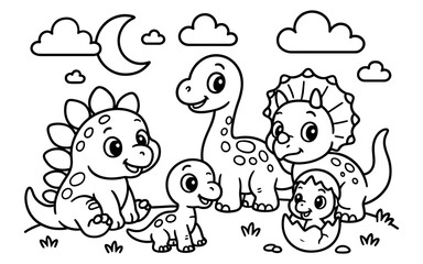 Cute dinosaur coloring page for kids featuring cartoon dinosaurs in a fun scene