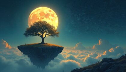 Solitary tree on rock island floats above clouds under bright moon. Fantasy nature landscape illustration. Surreal dreamlike scenery shows imagination, artistic style with yellow moonlight. Concept