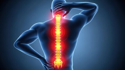 Illustration of 3d rendering of human back showing spinal column with glowing red area indicating neck and lower back pain or injury concept