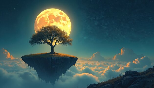 Solitary tree on rock island floats above clouds under bright moon. Fantasy nature landscape illustration. Surreal dreamlike scenery shows imagination, artistic style with yellow moonlight. Concept - Powered by Adobe