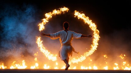Man performing hula hoop tricks with fire torches in background.