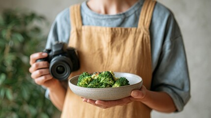 Woman holding bowl of broccoli in kitchen.