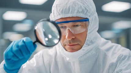 Man in lab coat examining microscope