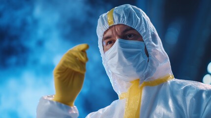 Man in hazmat suit pointing finger.