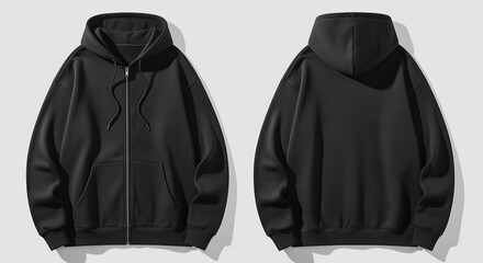 Black hoodie shown from front and back views with zipper closure and kangaroo pocket. Perfect for fashion catalogs, online stores, or clothing design presentations.