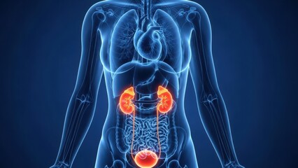 Illustration of 3d rendering of human torso showing illuminated kidneys and bladder in blue medical diagram style against dark background