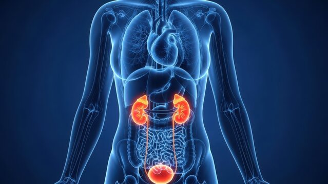 Illustration of 3d rendering of human torso showing illuminated kidneys and bladder in blue medical diagram style against dark background